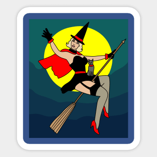 Flying Witch On A Broomstick With A Hat Sticker